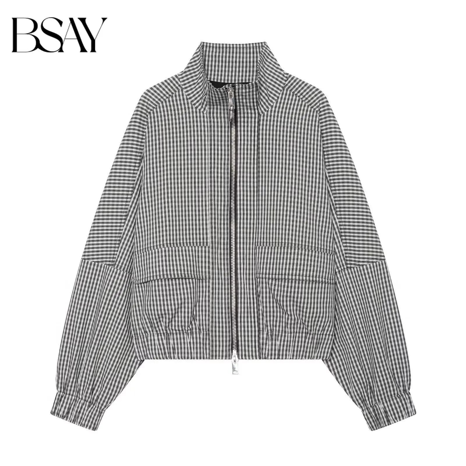 BSAY Fashion Korean Vintage Mini Grid Plaid Short Jacket Women Stand Collar Zip Front Puff Sleeve Loose Pocket Casual Outer Coat