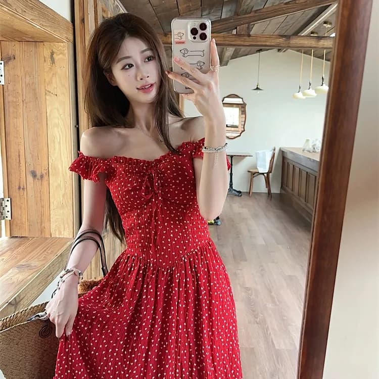 Red Polka Dot off Shoulder Long Dress Women's Summer New Beach Vacation Style Slimming Gentle Versatile Sleeveless Dress
