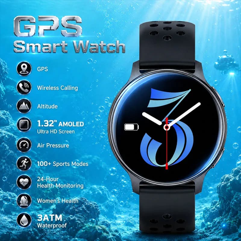 Bluetooth Calling GPS Men Watch with Compass Altitude Air Pressure 24-Hour Health Monitoring and 100+ Sports Modes Smart Watch