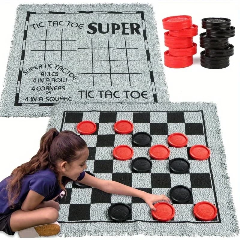 Gioco da tavolo per famiglie con scacchiera gigante vintage 3 in 1 con tappetino reversibile per pezzi degli scacchi Tic Tac Toe Backgammon da viaggio
