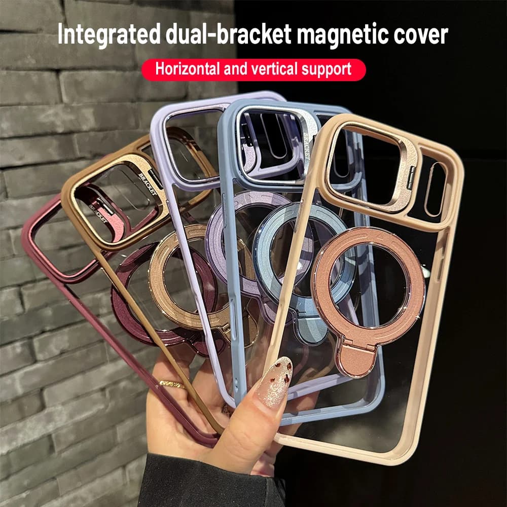 For Magsafe Magnetic Holder Phone Case For iPhone 17 Pro Max 16 14 Pro 15 Plus 13 12 11 Transparent Shockproof Lens Film Cover