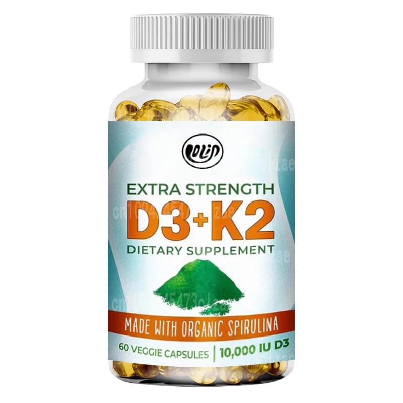 Vitamin D3 K2 Natural with Organic Spirulina, Supplement in Vegetarian Capsules, Supports Health of Bones