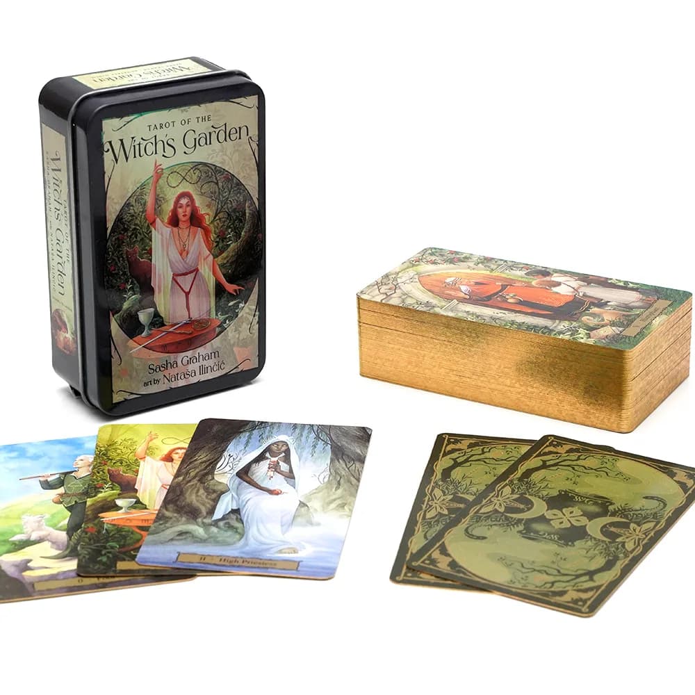 Tarot of The Witch's Garden 78 carte con bordi dorati in una scatola di latta per principianti 10,3 * 6 cm