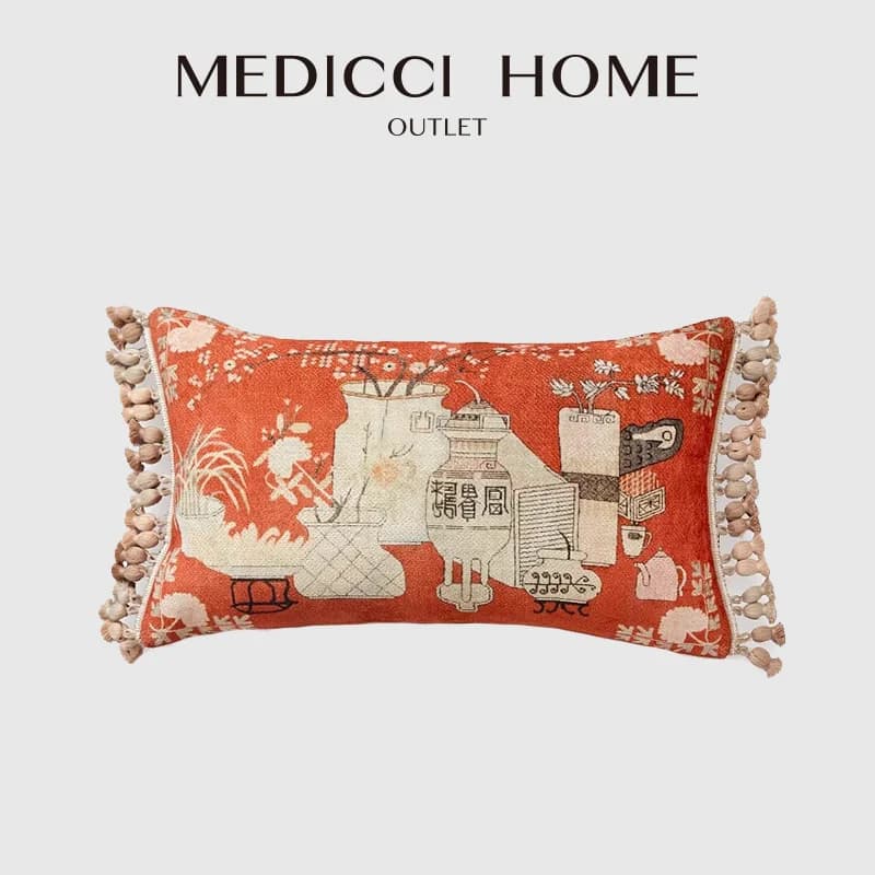 Medicci Home spagnolo Retro arancione fodera per cuscino lombare con nappa vaso modello stampa federa imbottita di lusso 30x50cm