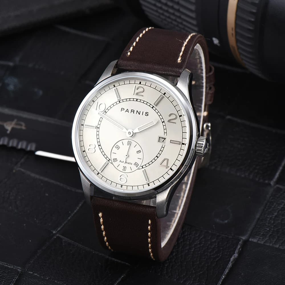 Nuovo Parnis 41.5MM Cassa in acciaio inossidabile argento Orologi meccanici automatici da uomo Cinturino in pelle Calendario Orologio da uomo reloj hombre