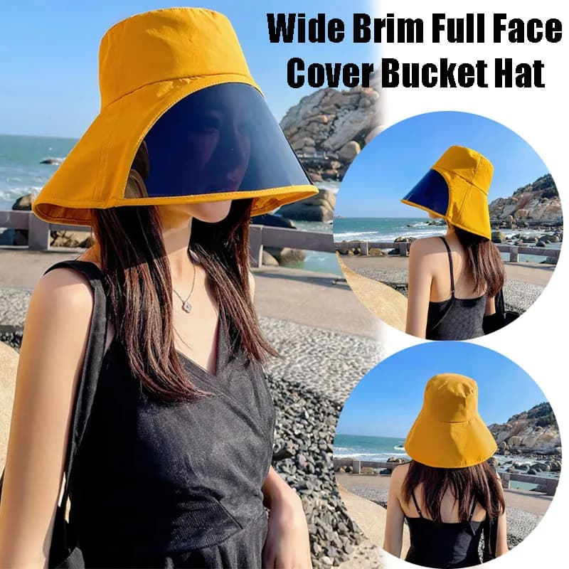 Full Face Cover Bucket Hat with Wide Brim & UV Lens, Summer Beach Sun Hat for Women, Fishing Cap with Mask