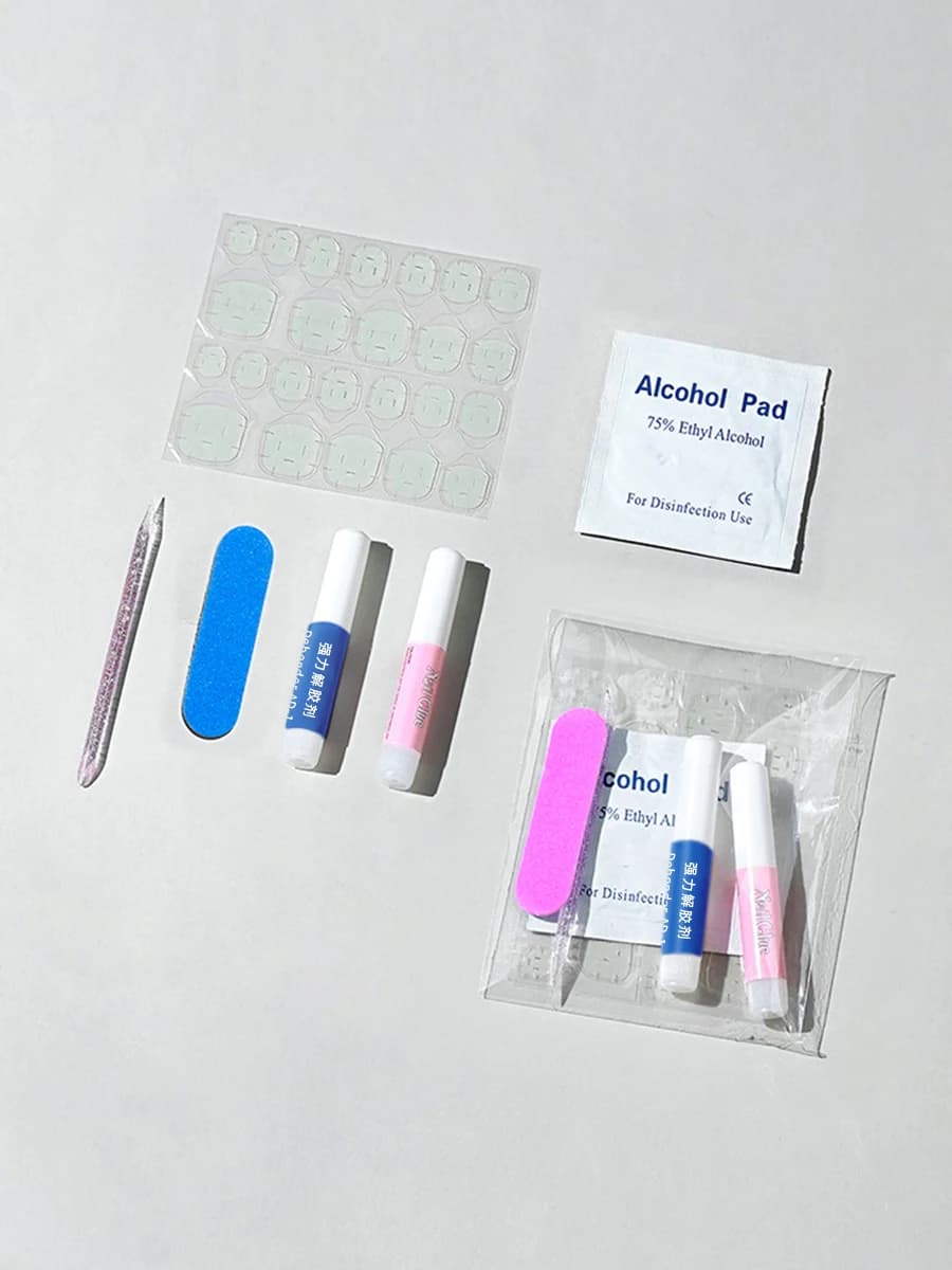 Set da 6 Pezzi: Kit Portatile per Unghie Finte con Colla Gel, Lima per Unghie, Bastoncino in Legno e Rimuovi Unghie – Accessori Super Adesivi per Unghie Finte