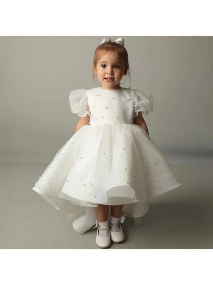 Abito da damigella personalizzato con fiocco e decorazioni di perle bianche, adatto per balli, feste di compleanno per bambini e comunione