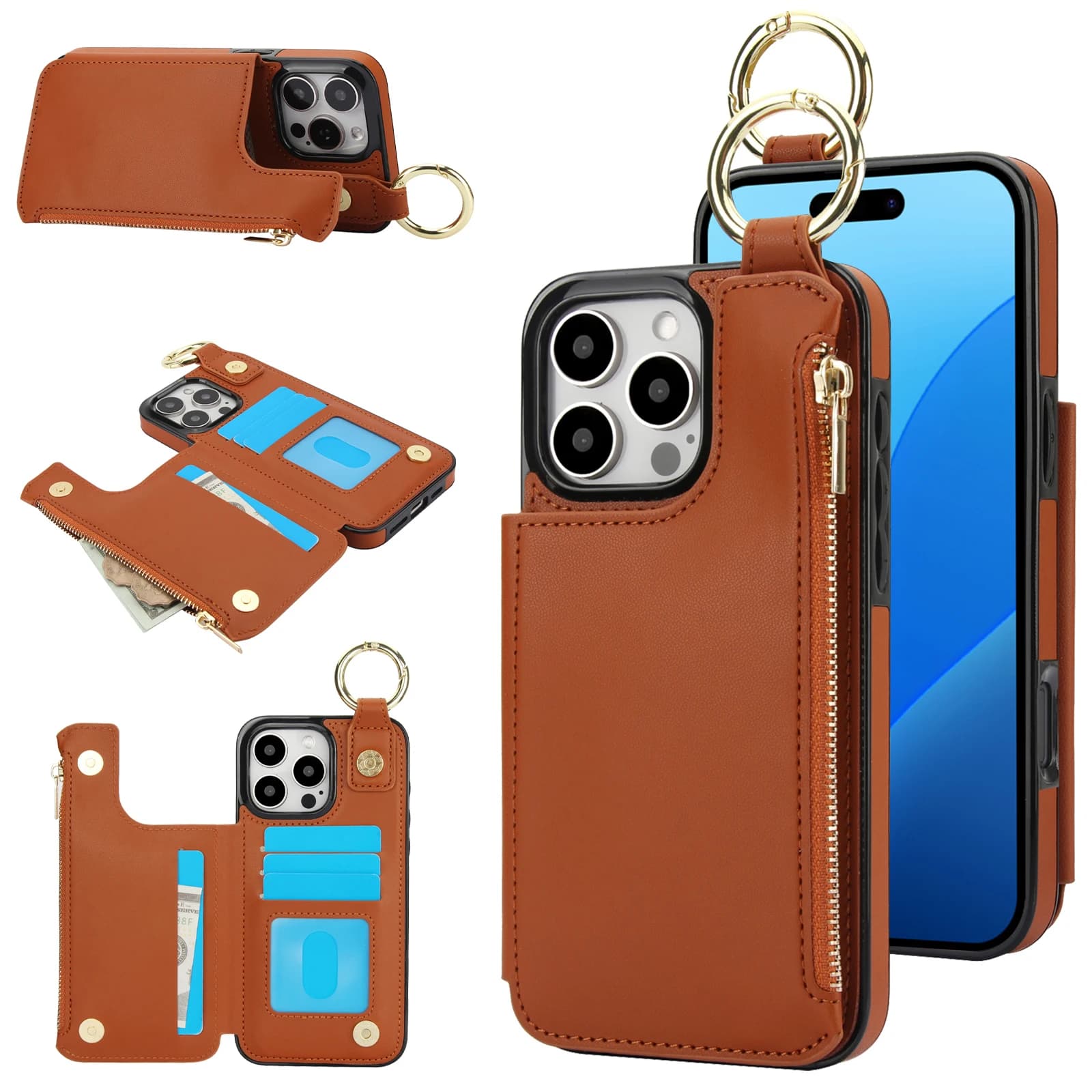 Ring Zipper Wallet Case for iphone 17 Pro max,17 Air,17E,16E,15 Plus,14,13,12 mini,11 Card Holder Flip Stand Back Leather Cover