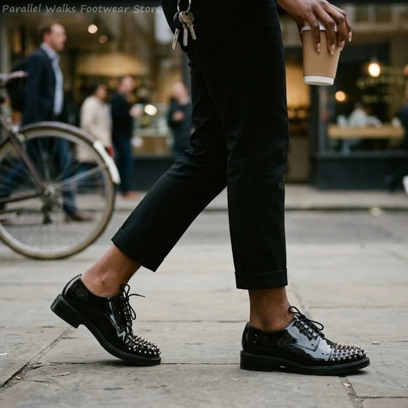 Premium Mens Loafers Casual Dress Shoes Patent Leather Metallic Studs Lace Up Business Wedding Office Gothic Punk Footwear Male