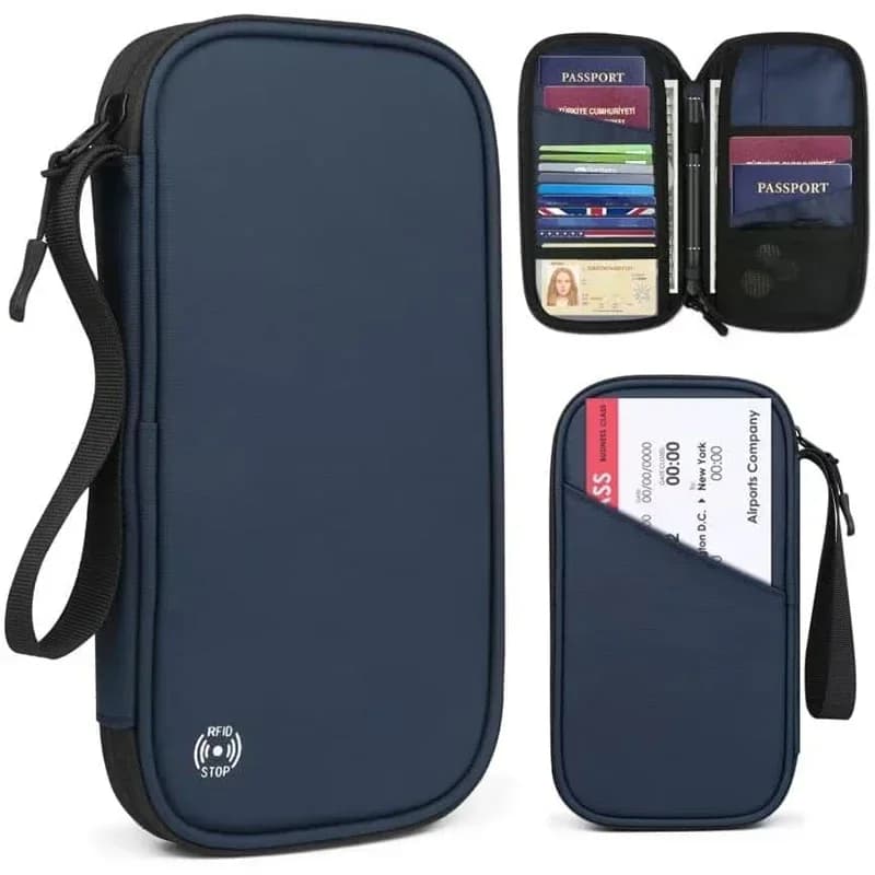 Portafoglio leggero per passaporto da viaggio per famiglia, borsa organizer per documenti Oxford con cerniera e cinturino da polso staccabile per donna uomo
