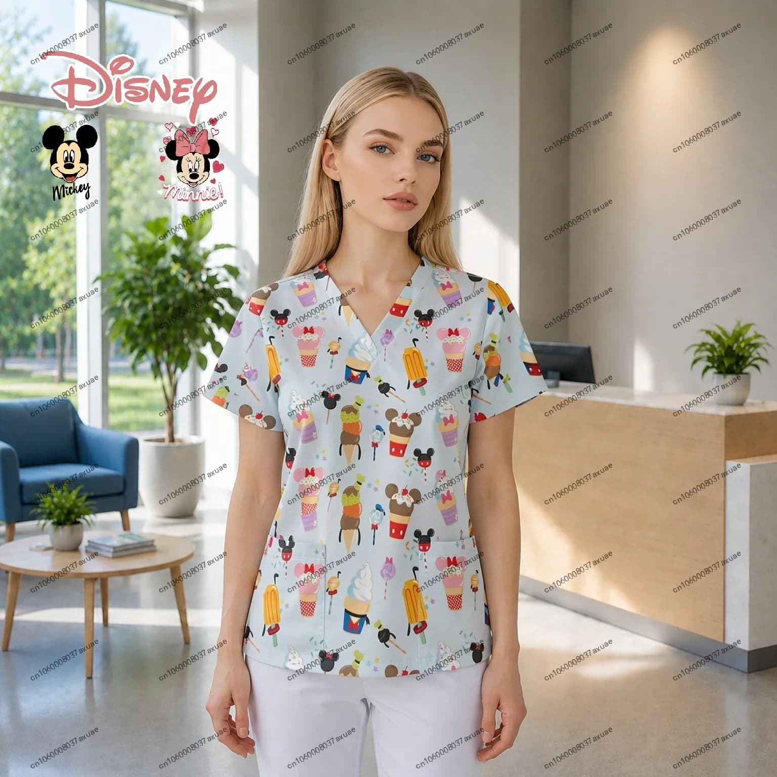 Magliette con scollo a V Y2k, Uniformi da Infermiera, T-shirt Donna Disney Nuova Collezione 2026, Abbigliamento Femminile con Tasche Disney Mickey Mouse