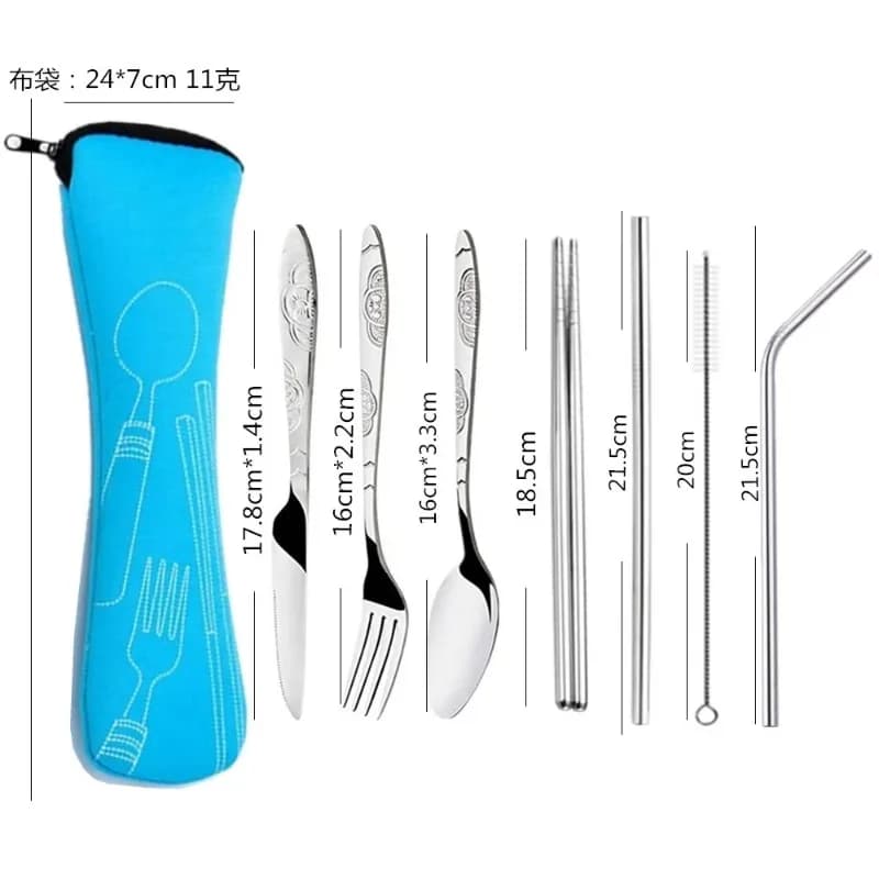 7 pz/set Set di stoviglie in acciaio inossidabile borsa di stoffa portatile per esterni coltello forchetta cucchiaio bacchette paglia fiori ricchi sette Set