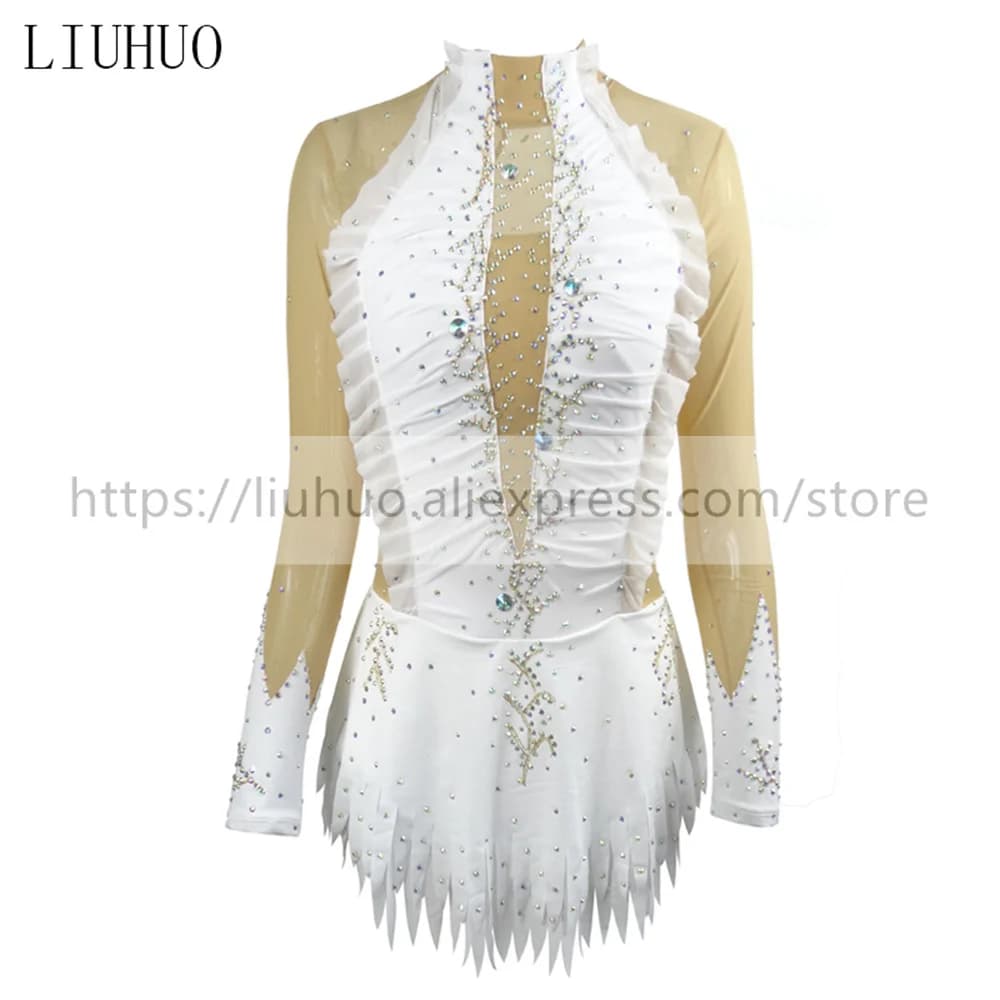 LIUHUO Costume da body da competizione per ginnastica ritmica da donna e ragazza, vestito da pattinaggio artistico su ghiaccio, manica lunga, bianco