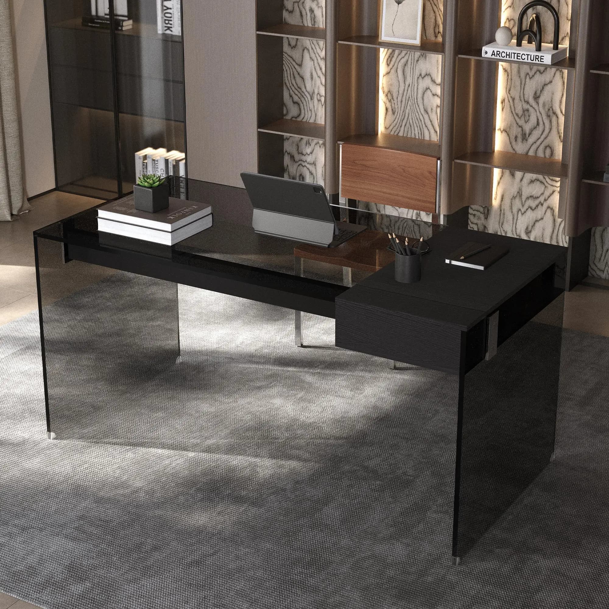 Scrivania moderna in vetro temperato da 53,14 pollici con cassetto, finitura in legno nero e gambe in vetro temperato, adatta per l'home office o lo studio.
