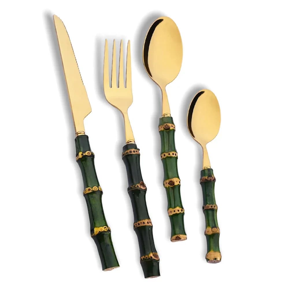 Set of cutlery from 4 pieces with natural bamboo handle, stainless steel cutlery set with green handle, knife, fork, spoon, kitchen cutlery