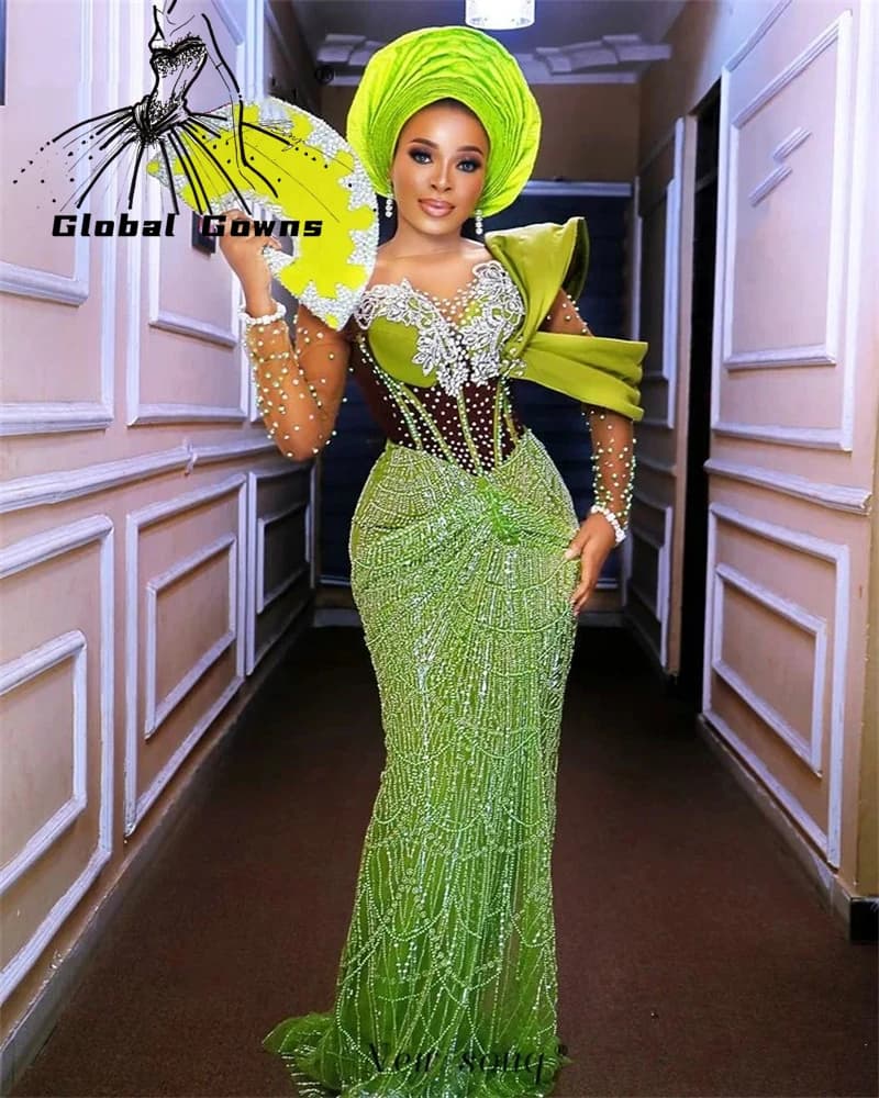 Abiti da sera lunghi formali africani verdi verdi a sirena con paillettes scintillanti Aso Ebi Abiti da ballo di nozze nigeriani personalizzati