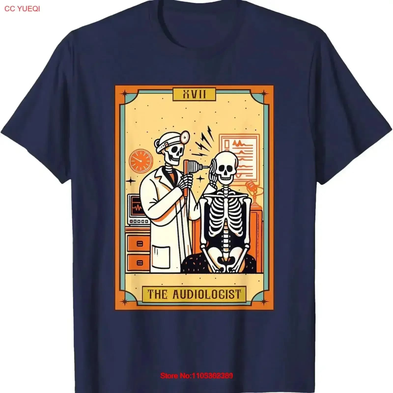 Divertente maglietta con stampa di un scheletro studente di audiologia e una carta dei Tarocchi per audiologi, vintage, effetto lavato, elasticizzata, casual, streetwear, versatile, da uomo.