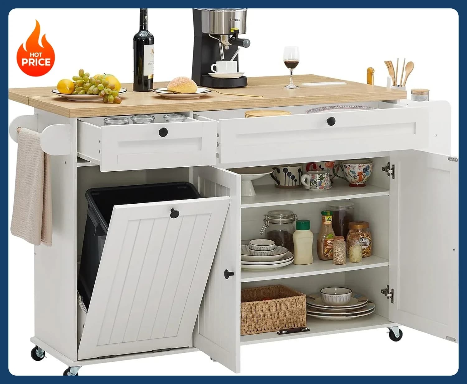 Best Seller! Isola da cucina da 60 pollici con presa di corrente e piano ribaltabile, isola da cucina mobile con portaspezie e portasciugamani, porta coltelli