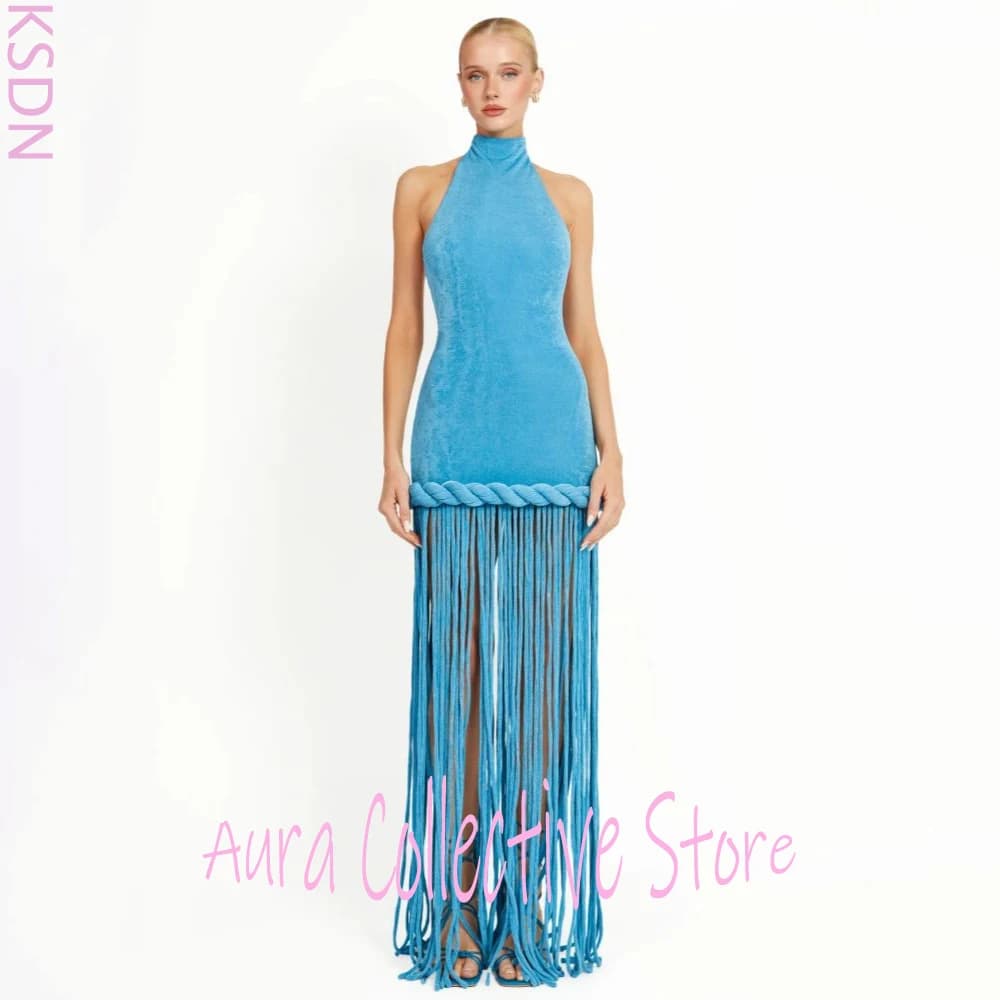 Elegante abito da donna in velluto blu con scollo all'americana e orlo con nappe, senza maniche, collo alto, elegante abito da sera formale per feste di ballo