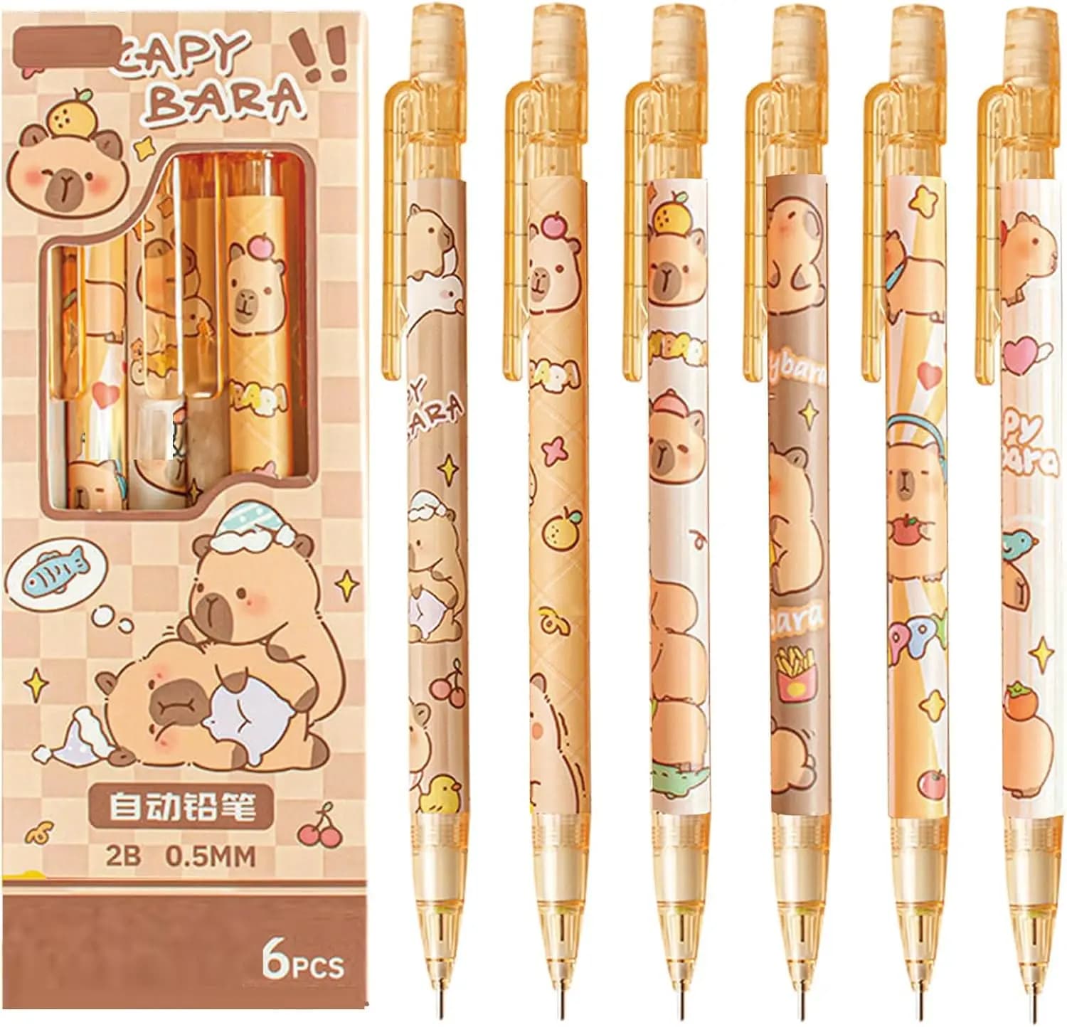 6 Pcs Cute Mechanical Pencils with Eraser 0.5mm Cartoon Capybara Mechanical Pencil Light Pencil for Kids Boy Girl Women