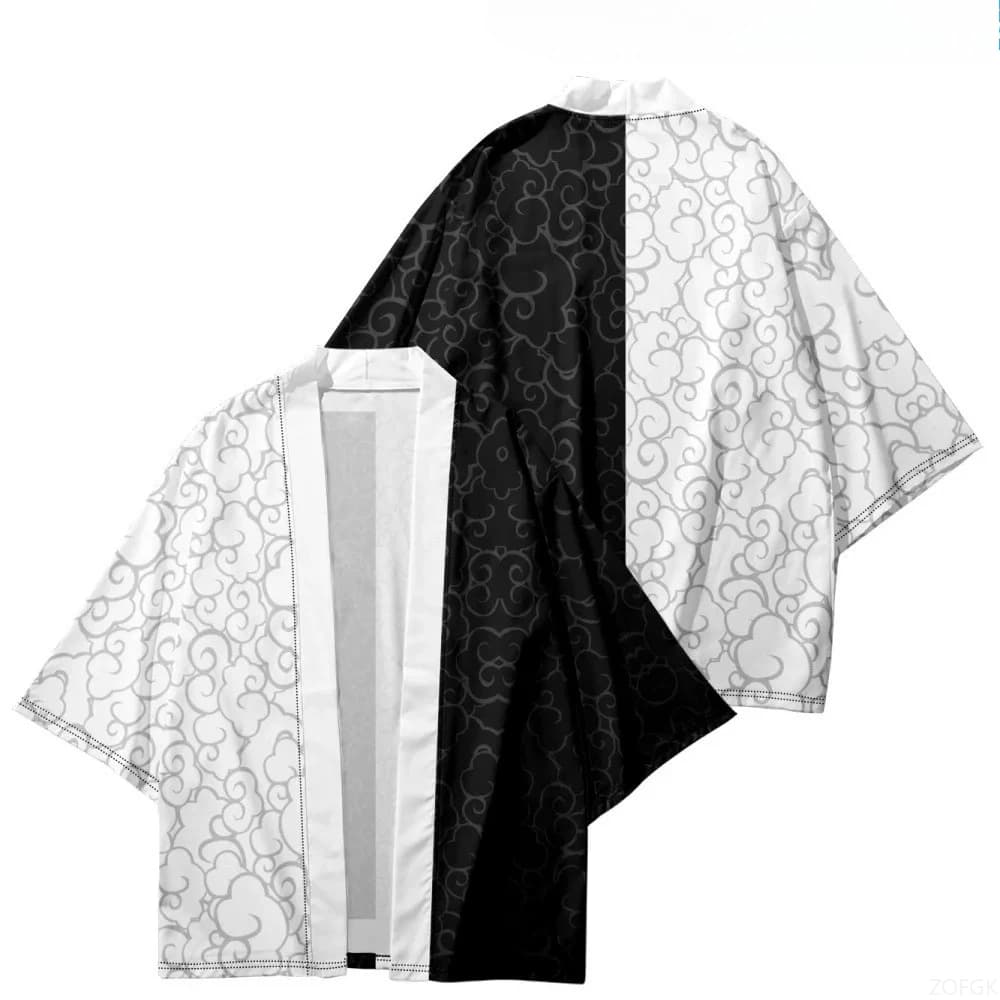Oriental kimono jacket with black and white patch. Light summer pajamas bathrobe with open collar and woman flower