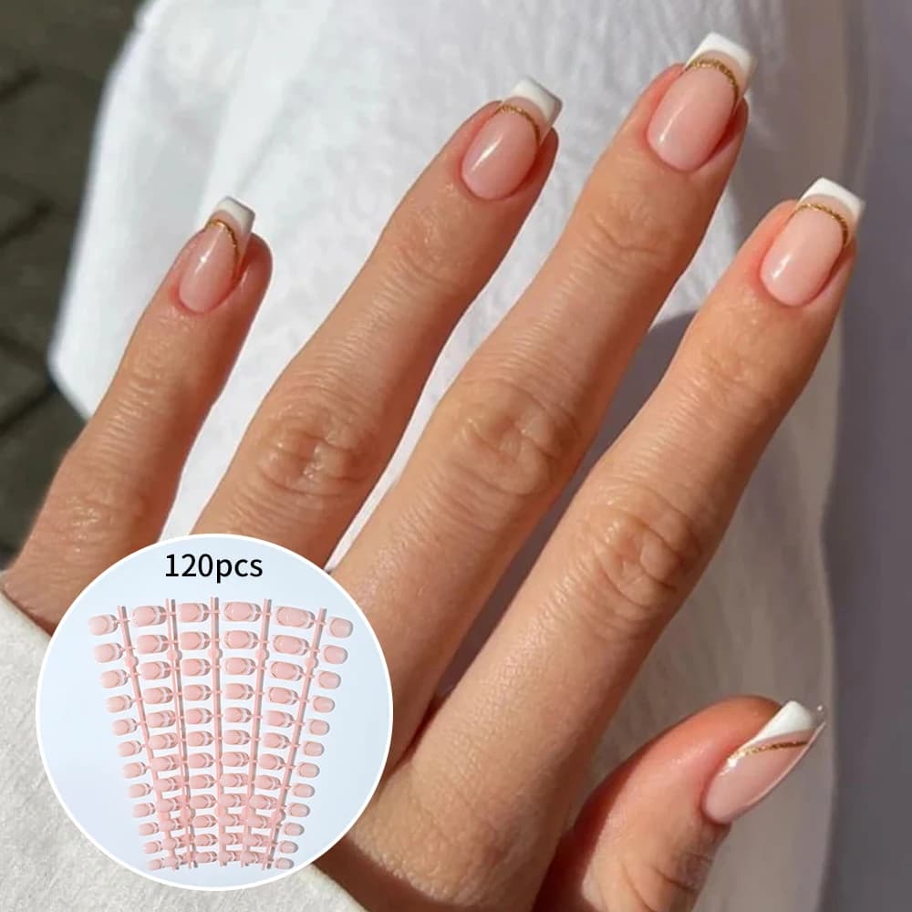 120 pieces (5 packs) short square pressing nails, glitter French manicure, y2k style