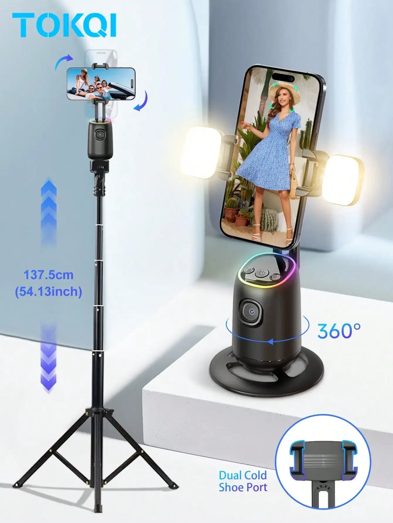 TOKQI 360 ° Stabilizzatore gimbal con tracciamento automatico, supporto per telefono portatile integrato con tracciamento intelligente del volto, luce di riempimento regolabile e treppiede, adatto per fotografia di ritratto e paesaggi, compatibile con telefoni IOS e Android, ideale per le vacanze estive.