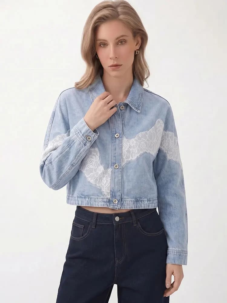 Giacca di jeans blu larga da donna HH con bordo in pizzo, maniche lunghe, abbottonatura frontale, cappotto corto, casual da strada, per appuntamenti, vacanze estive