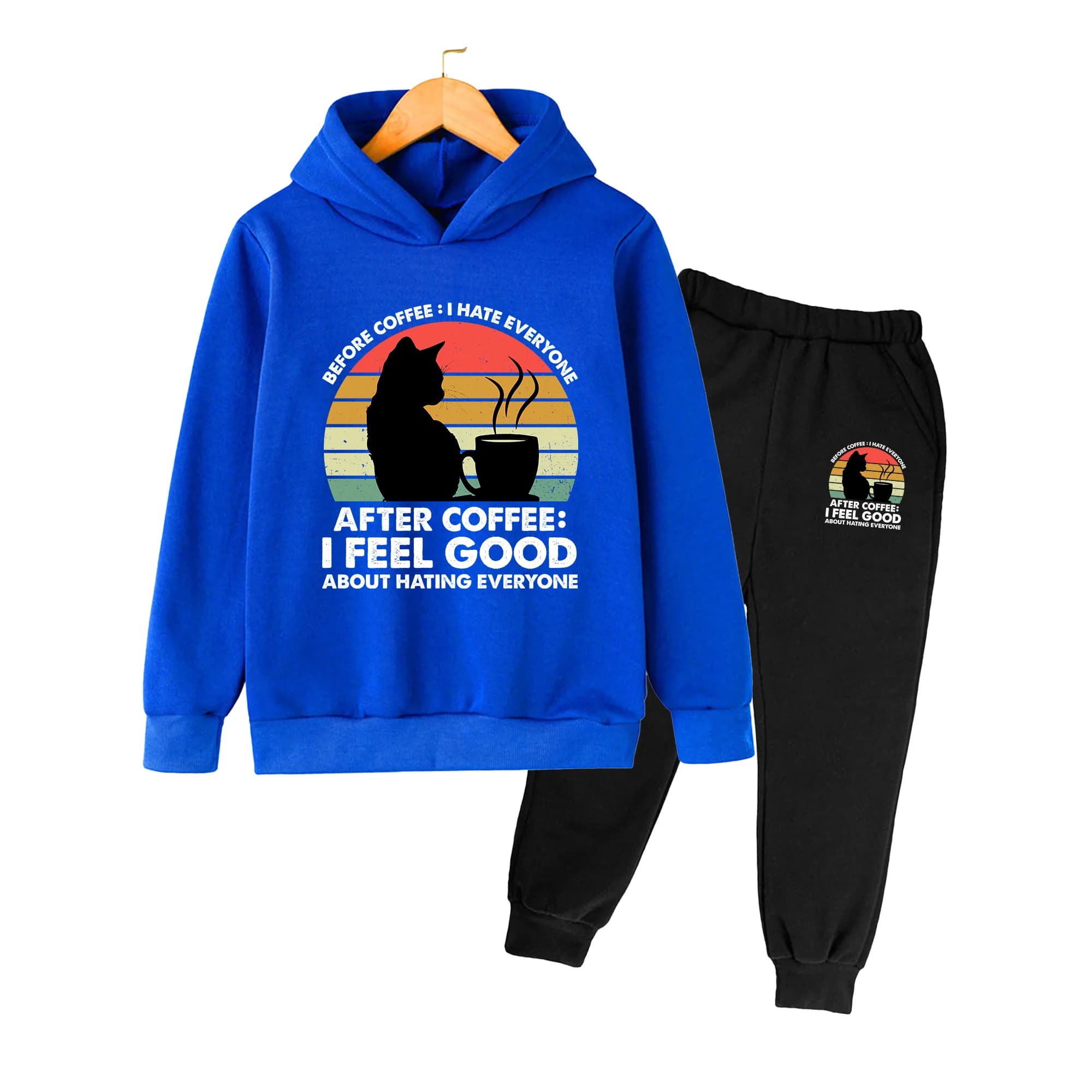 Kids Hoodie and Sweatpants Set, Retro Cat & Coffee Print Casual Loungewear for Boys Girls