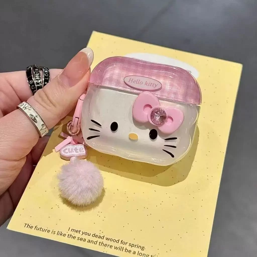 Protective Cover for Apple AirPods Pro 3 Pro2 4 3 2 1 Theme Hello Kitty with Bow and Keyring Pendant