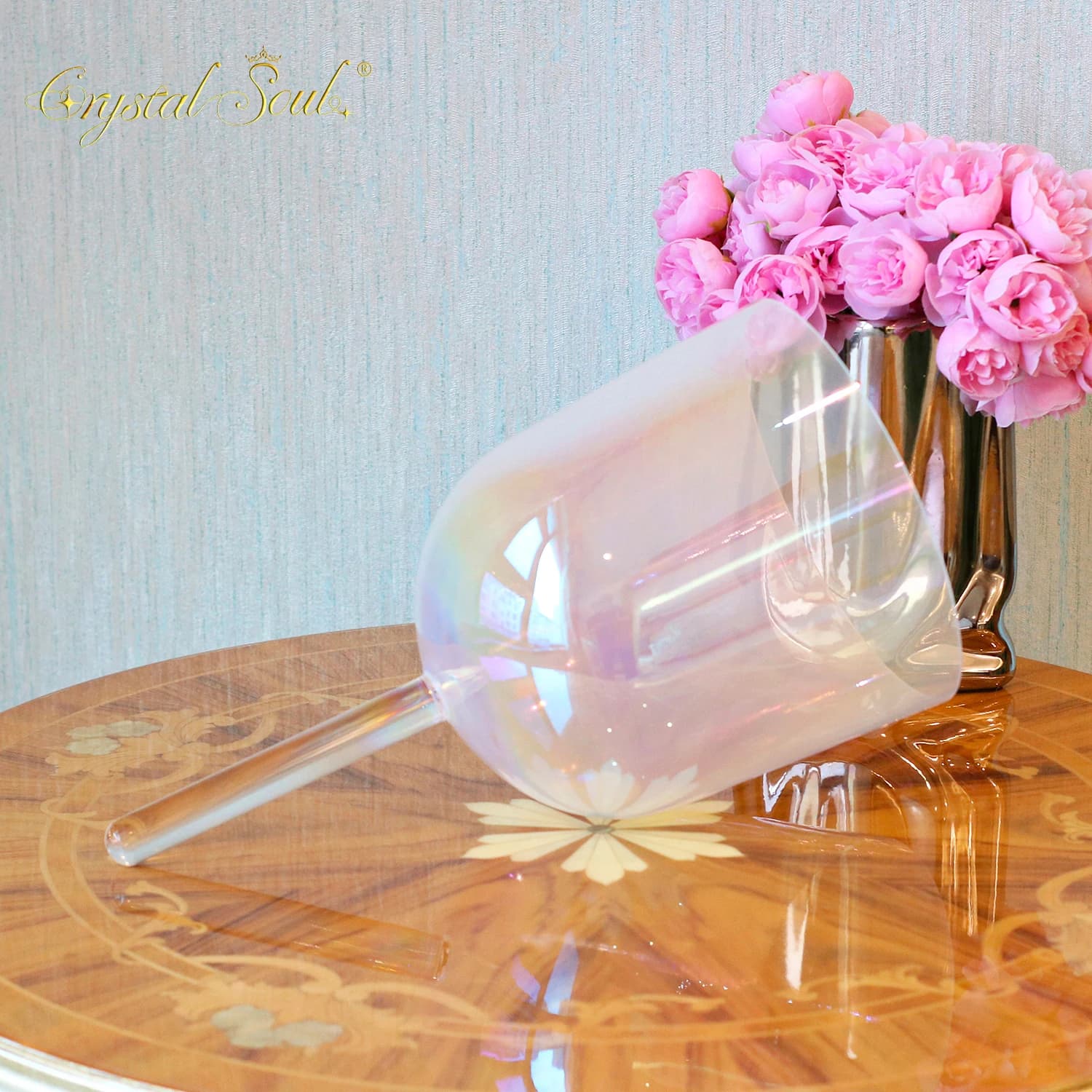 Crystal Soul 432Hz 6-8inch Clear Quartz Aurora Color Handheld Crystal Singing Bowl with Bag