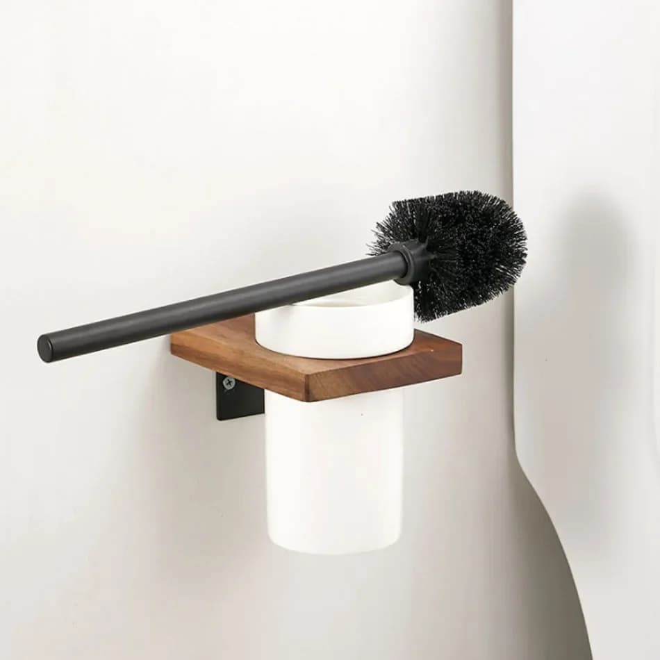 Set portaspazzole per WC nero, in legno, alluminio, montato a parete, lavabo antico, bagno, durevole, tazza in ceramica, kit per mensola portaspazzole per WC