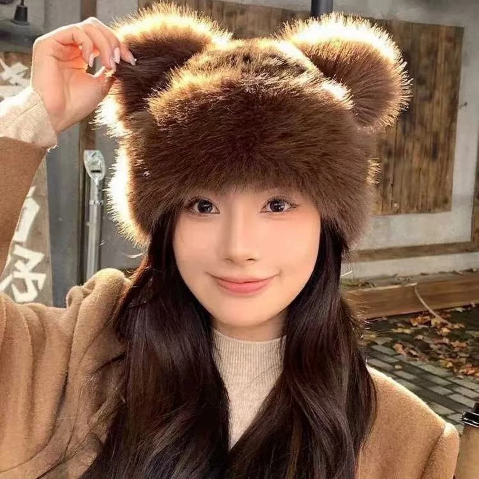1PC Leopard Print Fur Beanie For Women, Cute Bear Ear Fluffy Winter Hat, Warm Soft Animal Print Hair Accessory