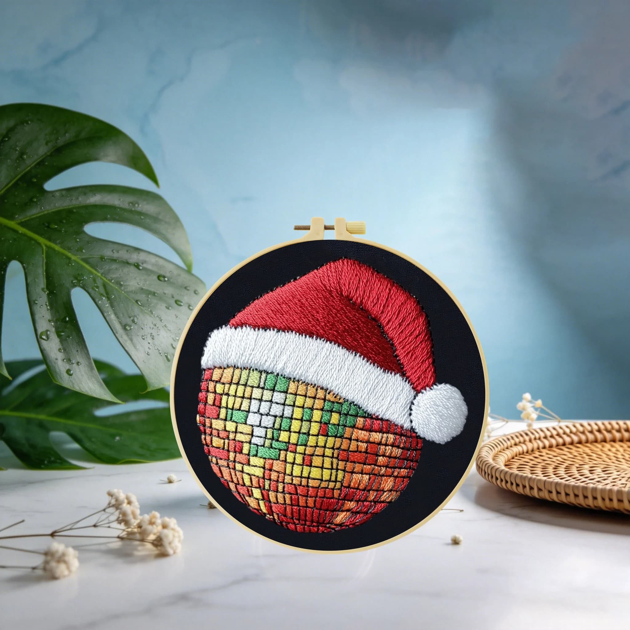 Kit per ricamo a punto croce fai da te con pallina e cappello natalizio in carta idrosolubile 20x20 cm/15x15 cm, ideale come regalo