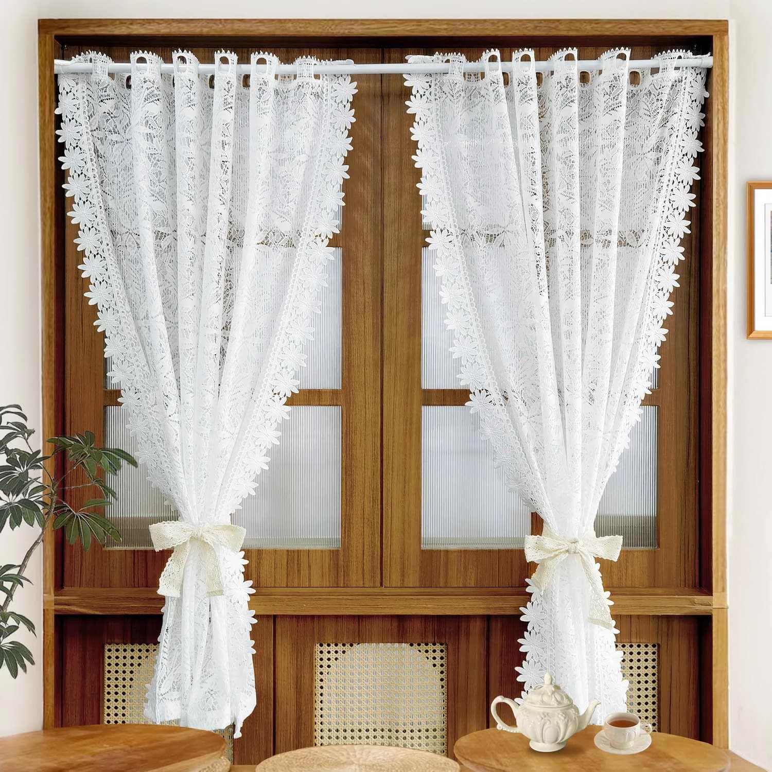 1PC short curtains with white lace flowers cable for kitchen small windows romantic embroidery semi-transparent curtain with boom pocket rod