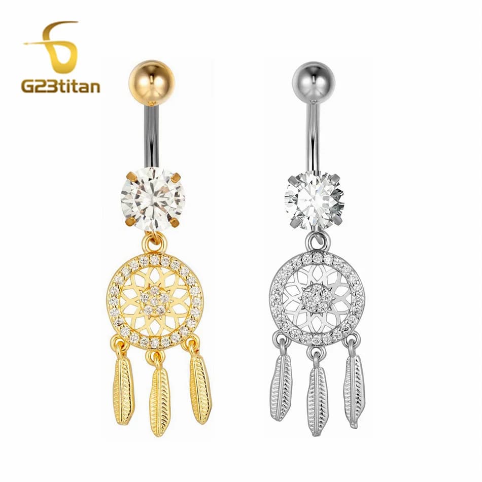 Long Tassel Dream Catcher Belly Button Rings Dangling Zircons G23 Titanium 1.6mm 14G Navel Bar Piercings Unisex Body Accessories