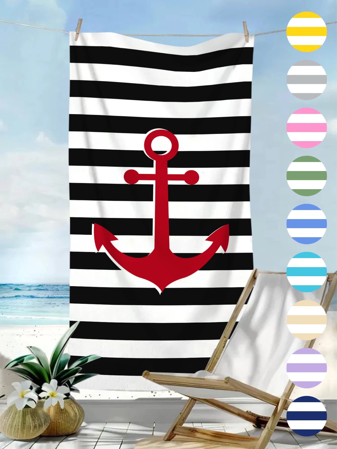 Asciugamano da spiaggia stampato con ancora di nave a righe colorate in fibra ultrafine, adatto per campeggio, spiaggia, nuoto, asciugamano da spiaggia essenziale