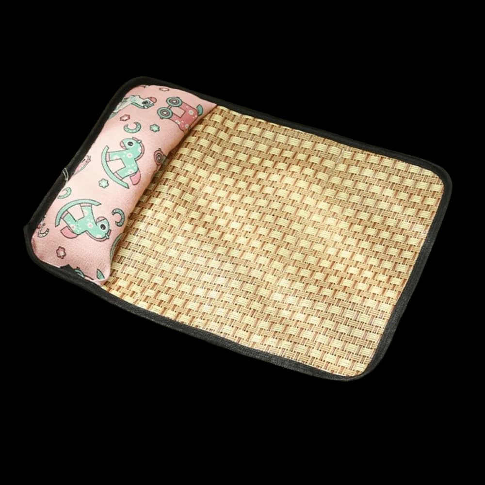 Tappetino Rinfrescante per Animali Domestici in Rattan Intrecciato con Motivo Cartone Animato, Cuccia Traspirante per Cani con Cuscino, Cuscino Antiscivolo da Pavimento per Cani