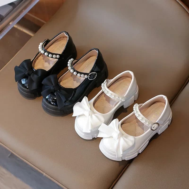 Children's Leather Shoes 2025 Korean Version Girl Fashion Bow Platform Princess School Student Shoes Pearl Flats Loafer