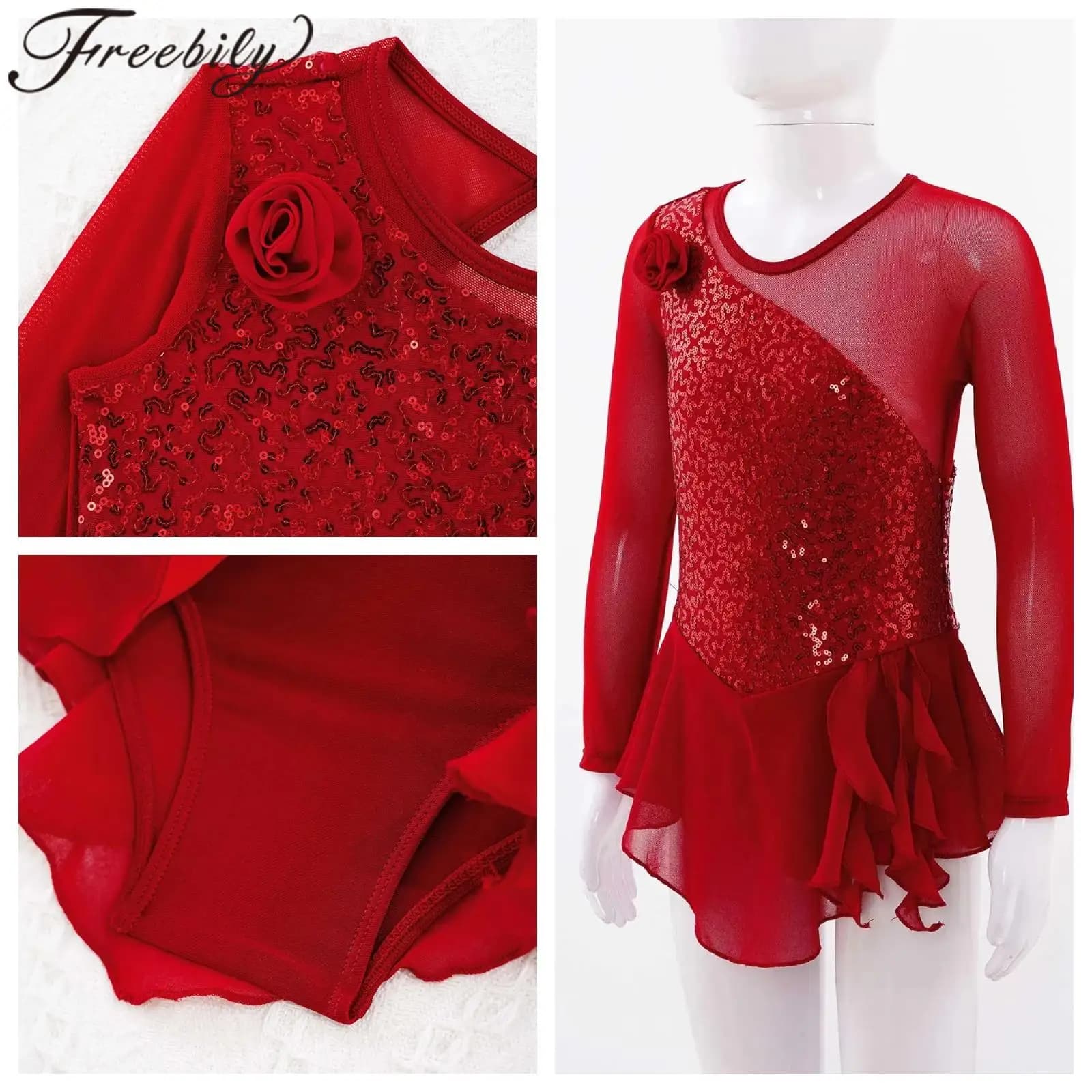 Vestito da ballo di pattinaggio su ghiaccio per bambini Vestito da balletto con paillettes per ragazze Vestito da spettacolo per body da ginnastica ritmica per bambini