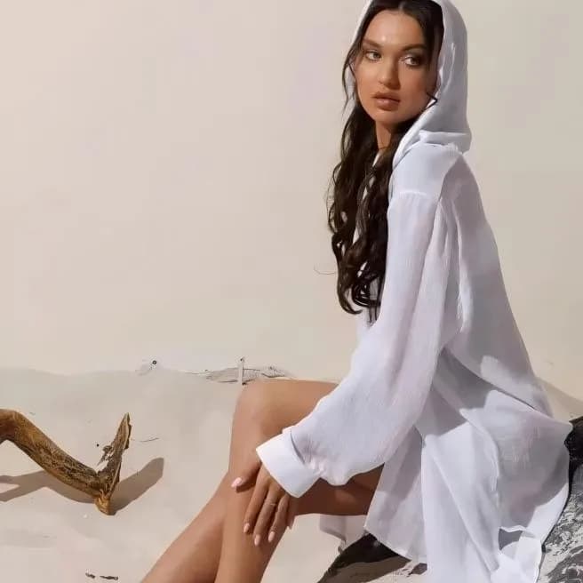New 2026 - Dress/Camicia with Single Color Women's Hood for Sea Holidays, Solar Protection, Beach Copricostume, Two Piece Swimwear with Hood Women's Coast Guard Women's Beach Fashion Beach Woman