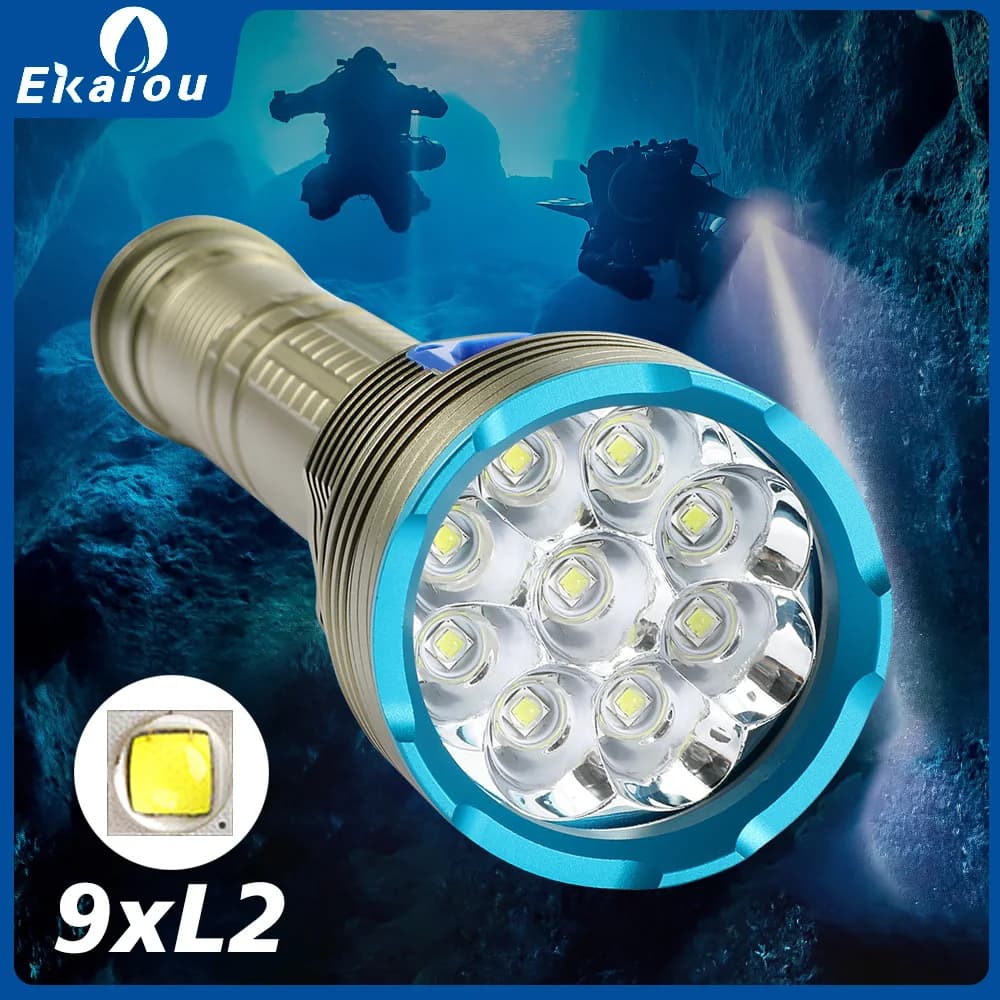 Torcia subacquea professionale per immersione subacquea IPX68 Torcia impermeabile 9 LED per speleologia Snorkeling Lampada per pesca subacquea