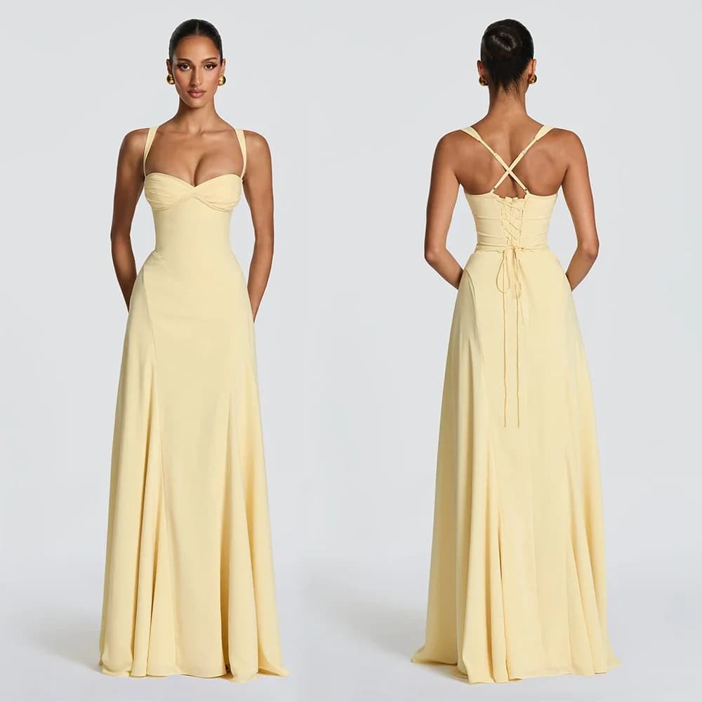 Fashionable Elegant Yellow Corset Prom Dress Sexy Lace Up Back Cross Strap Evening Gown Formal Party Club Birthday Party