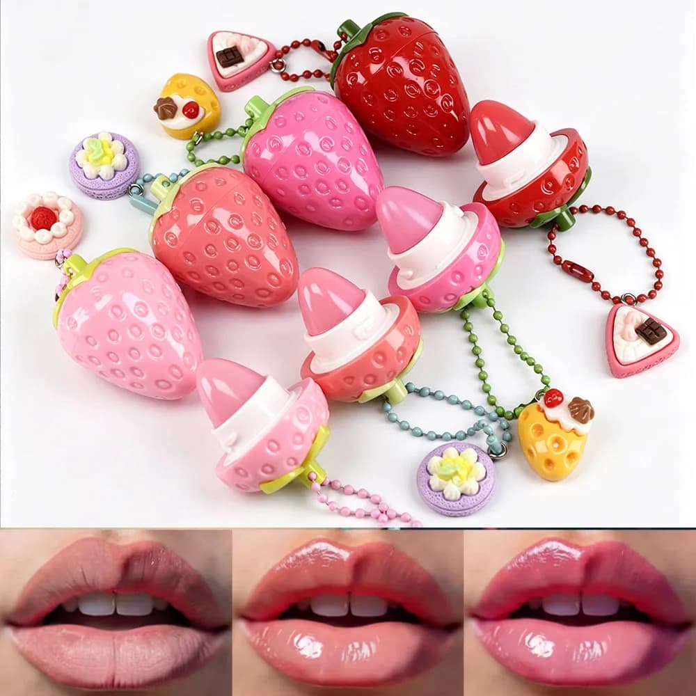 4PCS Cute Strawberry Lip Balm Wrinkle Repair Moisturizing Plumping Lasting Hydrating Lip Balm Colorchanging Lip Care Women Gift