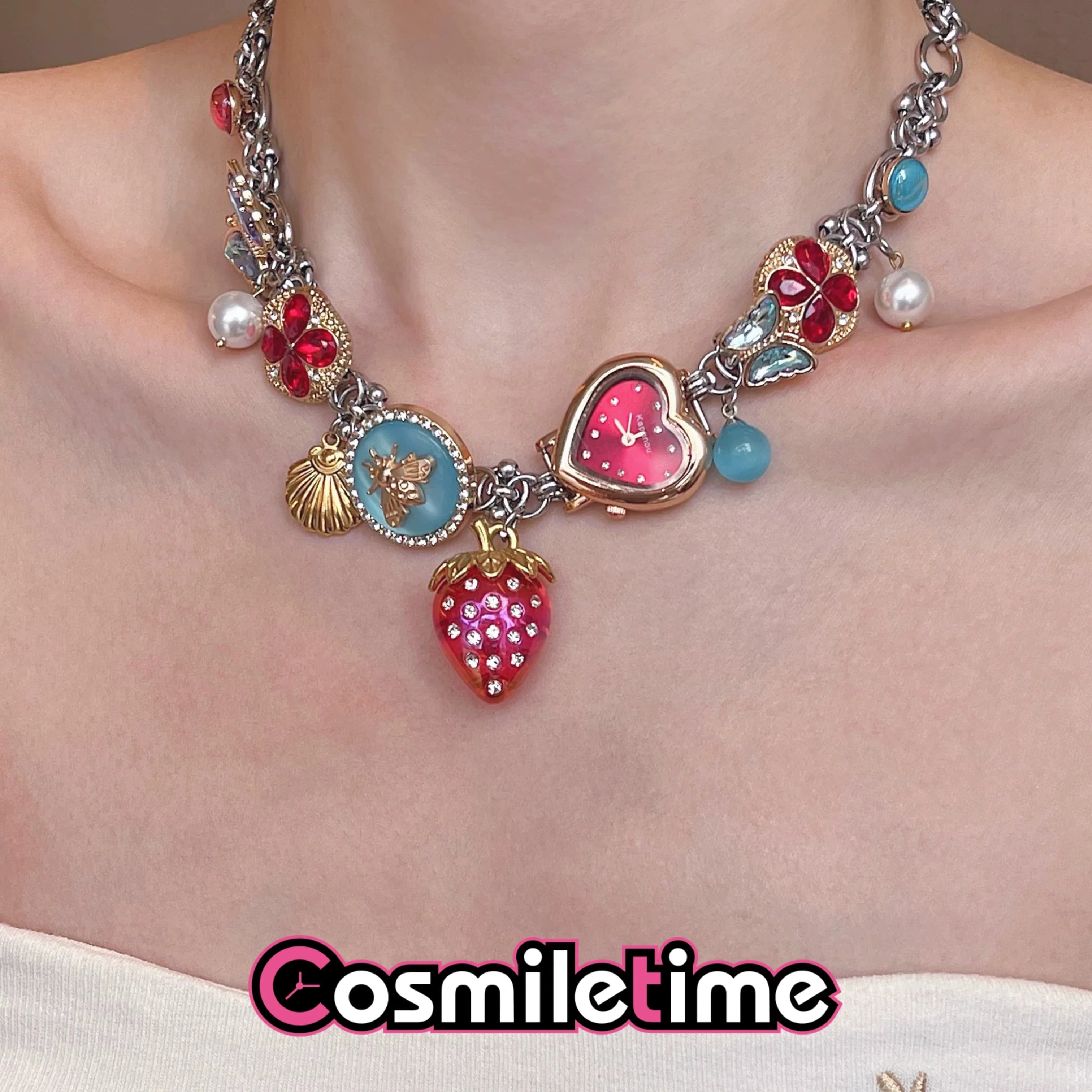 Y2K Vintage Necklace For Women Cute Strawberry Heart Locket Watch Pendant Chain Choker Aesthetic Bohemian Fashion Birthday YZ