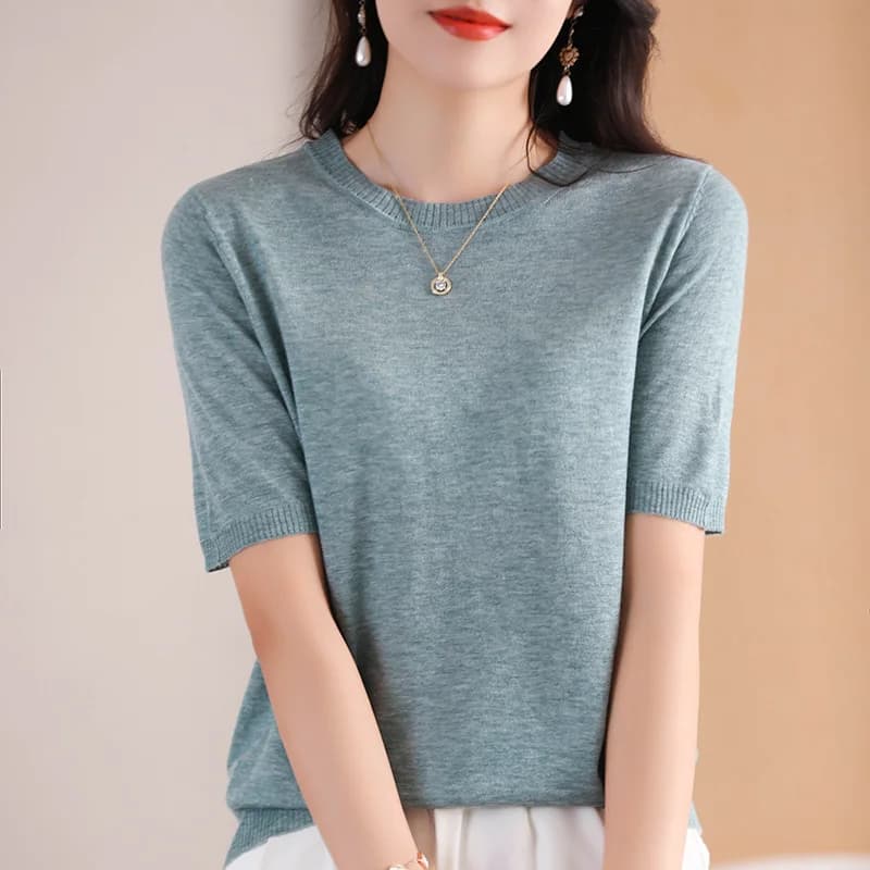 Women's Thin T-shirt Round Neck 100% Pure Wool Knitted Shirts Short Sleeved Short Sleeved Summer Sweater Simple Top Joker