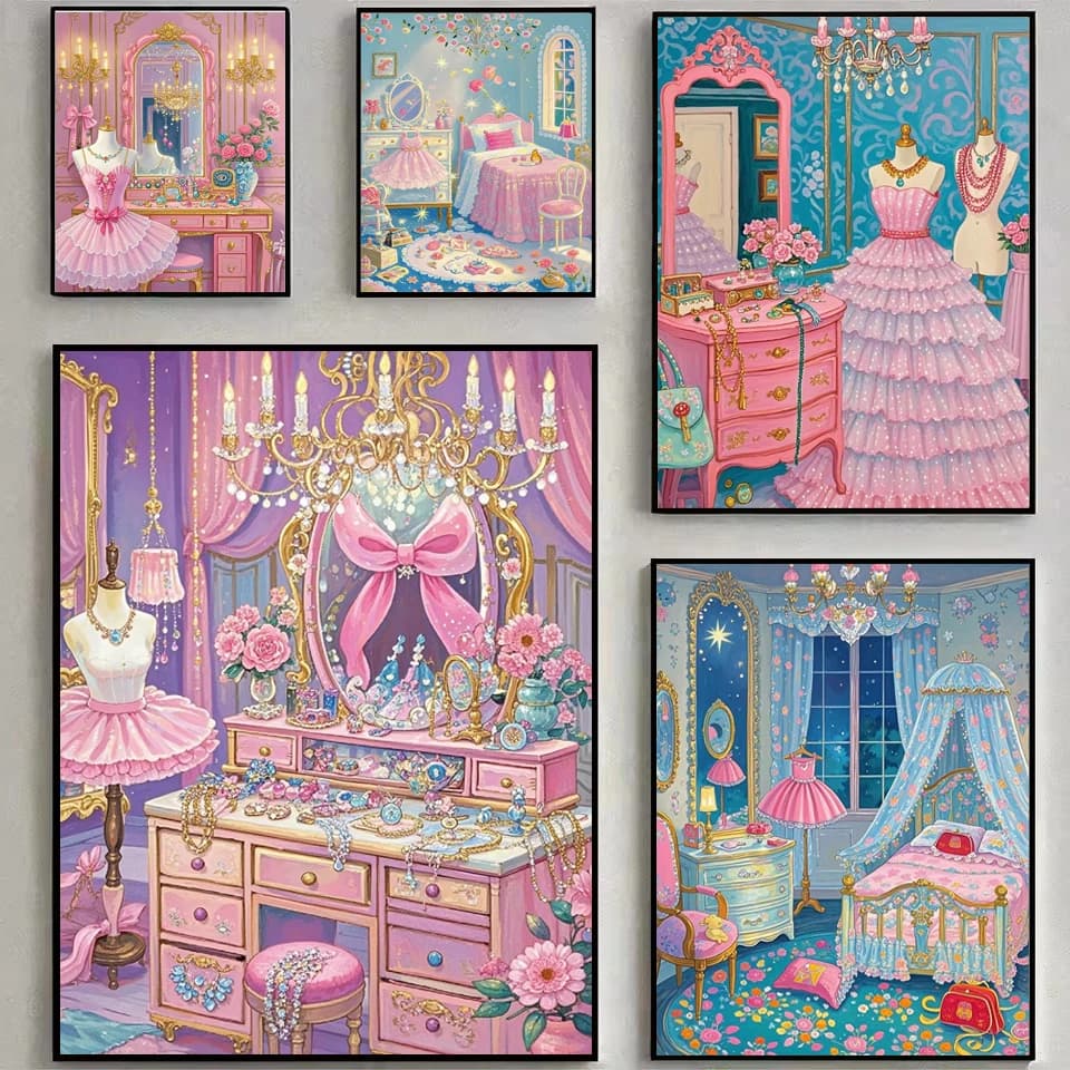 DIY 5D Diamond Painting Kit, Dreamy Pink Princess Room Girly Scene Full Drill Diamond Art, Mosaic Cross Stitch Home Decor Gift