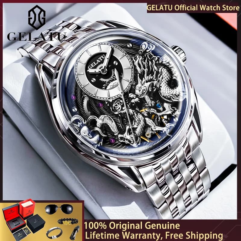 GELATU Men Watch Luxury Relief Dragon Men Automatic Mechanical Watch Waterproof Watch Top Brand Sports Watch Reloj Hombre 6018