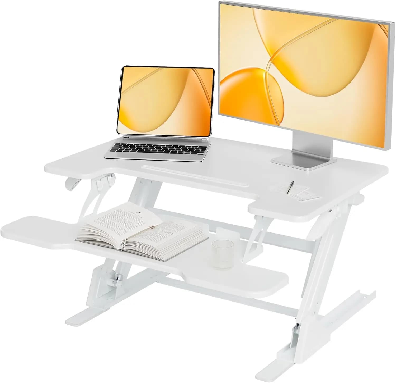 Convertitore per scrivania regolabile in altezza da 32 pollici, supporto per scrivania sit-stand, workstation con doppio monitor e vassoio per tastiera, bianco